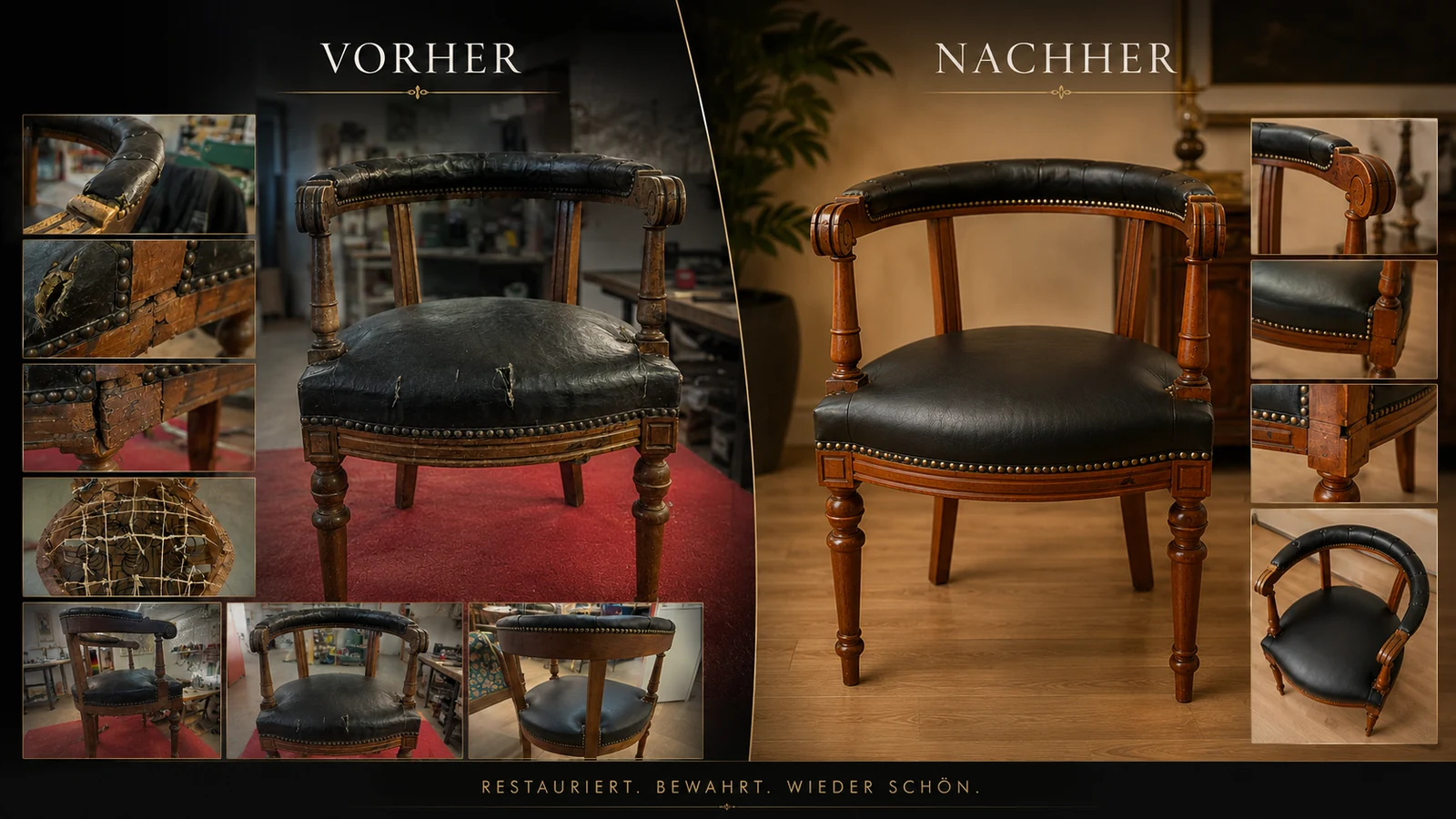 Beschädigter historischer Stuhl vor und nach der sorgfältigen Restaurierung von Polster, Holzdetails und Sitzfläche